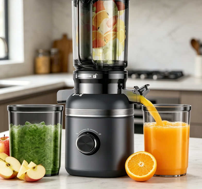 Cold Press Masticating Juicer, 4.35" Large Feed Chute, Quiet, Easy Clean – with Built‑in Slicing Blades